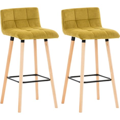 CLP – Lot de 2 tabourets de bar en velours jaune – Hauteur d'assise 75 cm – Dossier ergonomique – Piétements en bois de hêtre (1/5)