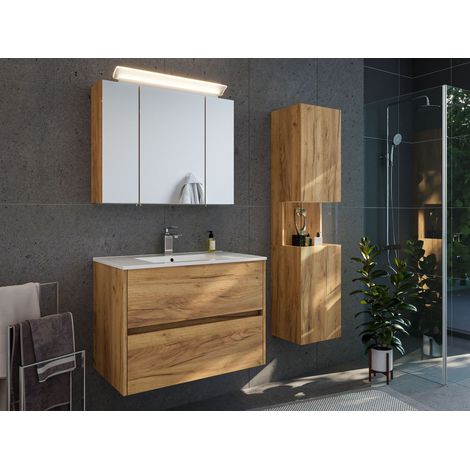 Badmöbelset Taifun 80cm 3tlg mit Spiegelschrank und Seitenschrank eiche gold (1/5)