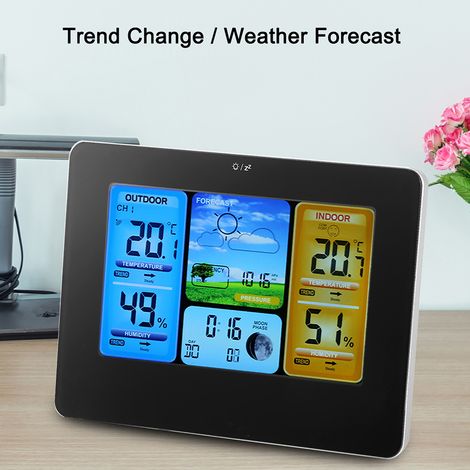 Digitale LCD-Wetterstation mit Uhr, Thermometer, Luftfeuchtigkeitsanzeige für Innen und Außen (Schwarz) (1/5)