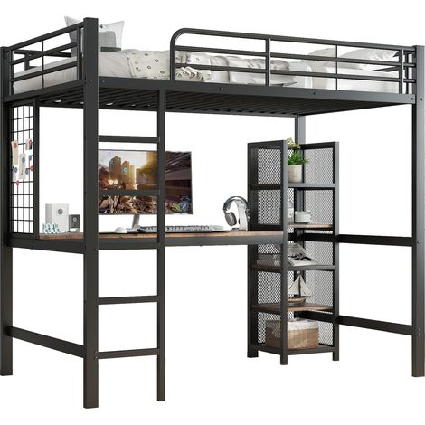CHICFURN Letto a soppalco 90x200 cm in metallo e MDF nero e legno scuro con scrivania (1/5)