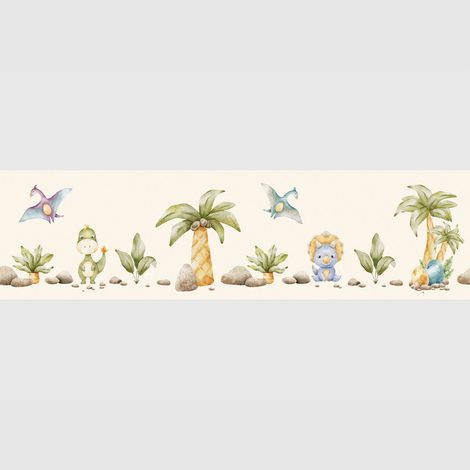 Frise auto-adhésive - Petit T-Rex et ses amis sur fond beige - 500x13,8 cm (1/5)
