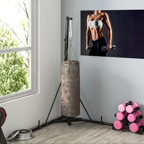 Support de sac de frappe sur pieds pliable réglable en hauteur avec base lestée charge max. 60 Kg acier noir