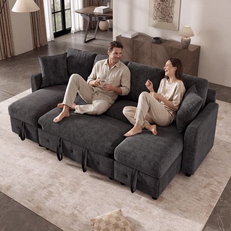 Canapé d'angle en U 4 places avec fonction couchage et lit gigogne,USB et Type-C,canapé lit convertible,méridienne avec rangement,tissu chenille,Gris (1/5)