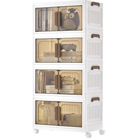 Boîte de Rangement, Organisateur à 4 Niveaux avec 1 Couvercle, Empilable, sur Roulettes, Plastique, Double Porte Magnétique, Blanc, 25 L par Niveau, 100 L au Total, RLB445WZ01 (1/5)