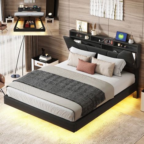 Bett 140x200 cm schwarz mit integrierter LED, Lattenrost und USB-Kopfteil