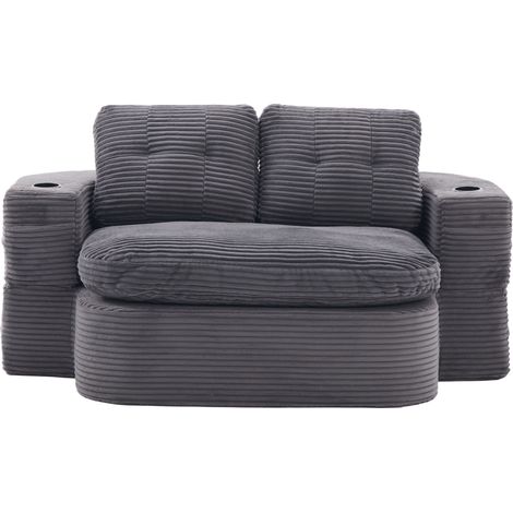Fauteuil convertible 2-en-1 en velours côtelé gris foncé avec dossier haut et porte-gobelets (1/5)
