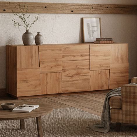 Dmora - Credenza Astel, Buffet da soggiorno, Madia da salotto con 4 ante e 3 cassetti, 220x44h86 cm, Rovere (1/5)
