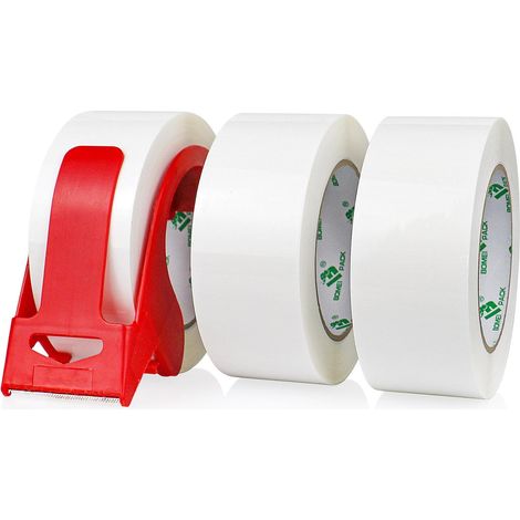 66m x 48mm Packing Tape - 3 Rolls with Dispenser, Strong Adhesive Printing for Parcel, Warehouse, E-Commerce (White) (1/5)