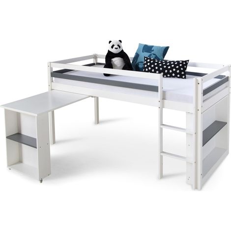 Décoshop26 – Lit mezzanine mi-hauteur 90x200cm avec bureau extensible et rangement – En bois gris blanc – Hauteur sous lit 76cm – LIT06199