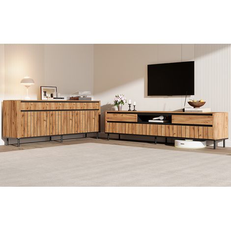 Meuble de rangement salon en bois naturel et noir, buffet 160x40x73 cm + TV console 4 portes 180x40x52 cm, convient pour écran 75 pouces, ensemble 2 pièces. (1/5)