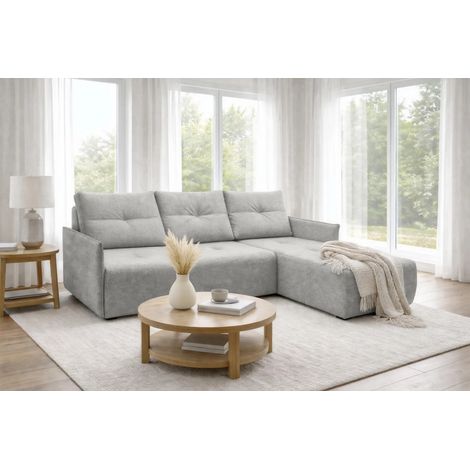 AX LIVING Ecksofa Damascus Hellgrau mit Schlaffunktion Bettkasten Schlafsofa 212 cm rechts
