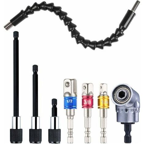 29 cm flexible Bohrmaschinenverlängerung – 1/4"-Winkeladapter – 3-teiliges Schlagschrauber-Bit-Set – 3 Bithalter (1/5)