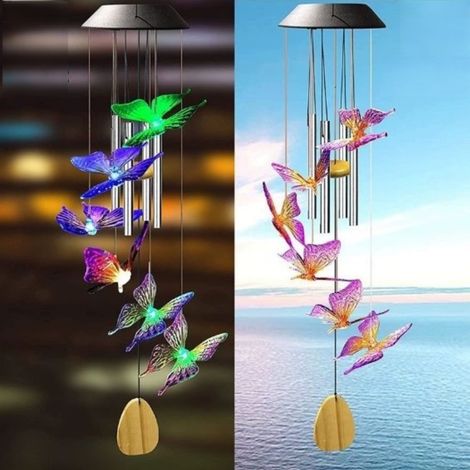 Campana de viento solar con forma de mariposa colorida para colgar en el hogar, el jardín o el patio.
