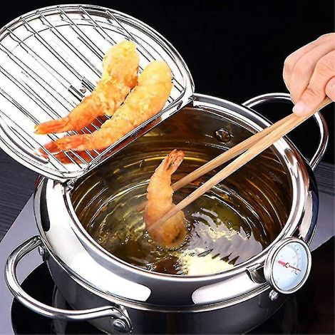 Japanische Fritteuse mit Thermometer und Deckel, aus Edelstahl 304, für Tempura, ölfrei - M 20 cm 2,2 l