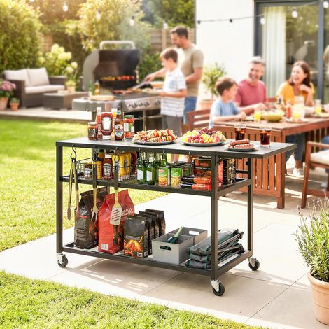 Carrito de jardín/carrito para barbacoa con ruedas, estante lateral plegable, tres estantes, 133 x 48,5 x 82 cm, negro