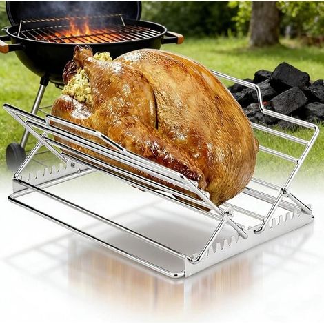 Rejilla para asar en forma de V de acero inoxidable, Soporte para costillas, Rejilla de doble función para pavo y costillas (1/5)