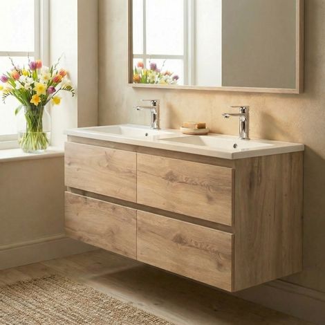 B-Way 119x50x45 cm mueble suspendido + doble lavabo semiempotrado de mármol fundido 120x46x27 cm, roble mate (BWAY2120OAKU)
