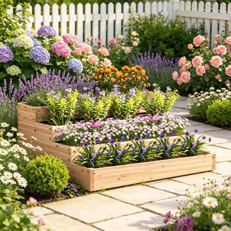 Carre Potager Suréleve 4 Niveaux Bois Massif 113x113x46cm Protection Herbicides Drainage - Jardin (1/5)