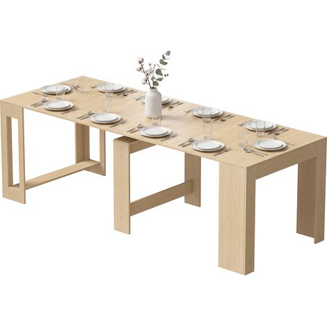 Table à manger extensible convertible console petit espace jusqu'à 10 personnes aspect bois marron clair (1/4)