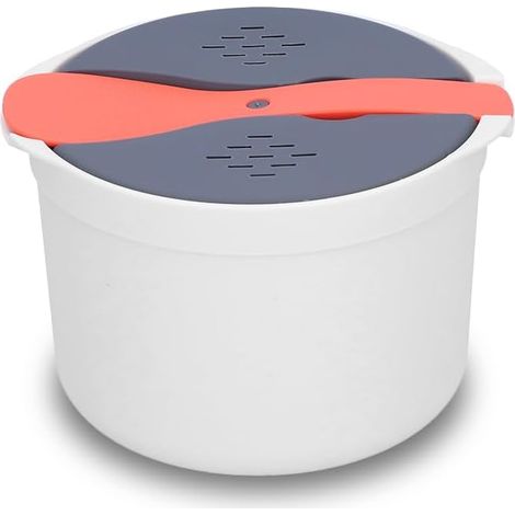 Cuiseur Riz Micro-Ondes, 2 en 1 avec Passoire Autocuiseur Antiadhésif 2L pour Céréales Légumes 2 Étages Lavables Économiseur Temps et Kit Cuillère Couvercle (Orange) (1/5)