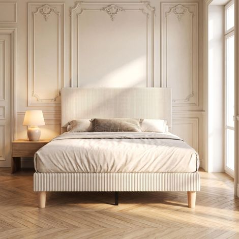 Lit adulte 160x200 cm Patbrela – Tête de lit capitonnée en velours beige – Sommier à lattes – Montage facile – Lit double rembourré, beige (1/5)