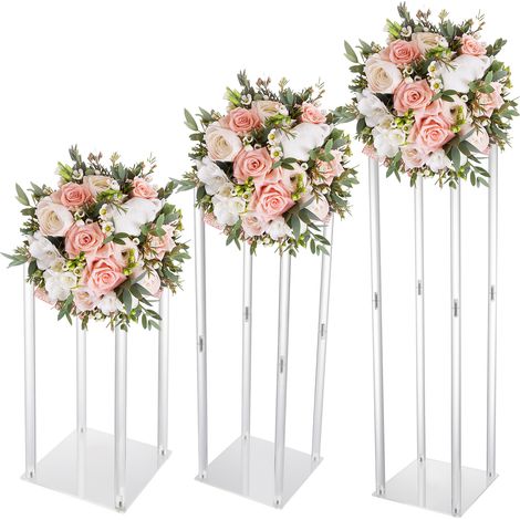 Centres de table vase en acrylique lot de 3 présentoirs à colonnes transparentes support de fleurs géométriques pour la décoration mariage fête anniversaire (40/60/80 CM Haut) (1/5)