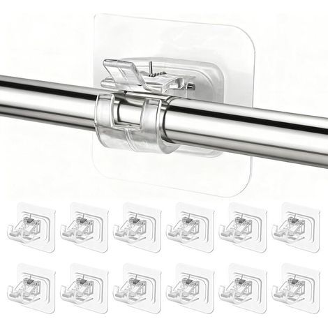 12 Pcs Support Tringle Rideaux sans Percage, Crochet Rideau Adhesifs Transparent avec Accroche Barre Porte pour Porte-Serviettes, Salle Bain, Hôtel, Cuisines