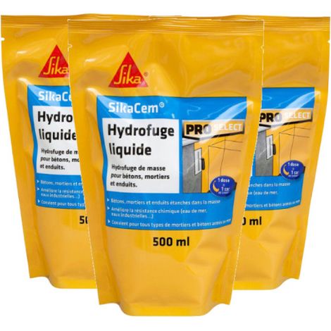 Sika – Lot de 3 hydrofuges de masse liquide – Pour béton armé – Contenance 3 x 500 ml – Sans chlore pour résistance mécanique