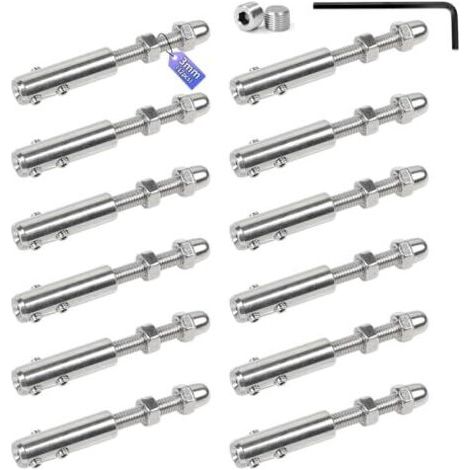 Lot de 12 Tendeurs pour câble 3 mm Serre-câble en inox avec tige filetée et clé Allen, Garniture tension robuste câbles acier, idéale les installations clôtures ou rambardes -