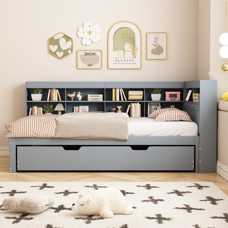 Lit multifonction 90 x 200 cm en bois gris avec lit gigogne 90 x 190, usb et rangements intégrés (1/5)