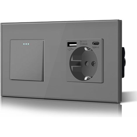 Interrupteur commutateur et prise USB-C 1 gang 2 voies Prise USB/Type C Faciles à nettoyer Cadre en verre 157 mm Gris (1/5)