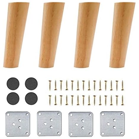 Lot de 4 Pieds de Meuble en Bois, 15 cm Pieds de Canapé de Rechange, Table Basse Jambes, pour lit, Placard, Banc, Meuble TV, Armoire, avec Accessoires(Conception inclinée)