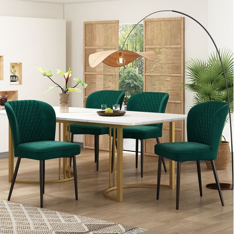 Ensemble repas MDF blanc et velours vert, 4 places, moderne, avec chaises rembourrées et table stable (1/5)