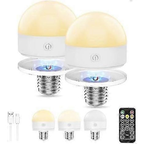 Lot de 2 ampoules rechargeables avec télécommande, 3 températures de couleur, ampoules LED E27 détachables et dimmables avec minuterie, ampoules à piles pour (1/5)