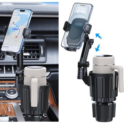 Support téléphone pour Porte-gobelet, Support 2 en 1 pour Porte-gobelet avec Bras Long et Rotation à 360° pour Voiture pour Tous Les Smartphones iPhone Galaxy de 4 à 7 Pouces et la Plupart