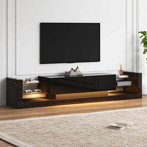 TV-Möbel 181 x 38 x 38 cm, Hochglanzlackierung, LED-Beleuchtung, schwarze Spanplatte
