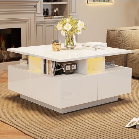 Couchtisch 70x70x40 cm Weiß mit LED und 4 Schubladen, Spanplatte MEUBLIV (1/5)