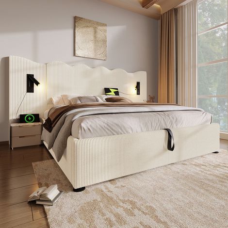 Bett Doppelbett Stauraum 180x200 Cord Beige OKMYHOME (1/5)