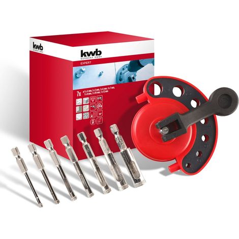 kwb 8-tlg. Diamant-Lochsägen Set Ø 4, 5, 6, 7, 8, 10 und 12 mm mit diamantbestreuter Schneidfläche, hohe Präzision, großer Materialauswurf, Rundschaft und Bohrschablone im stabilen Kunststoffkoffer