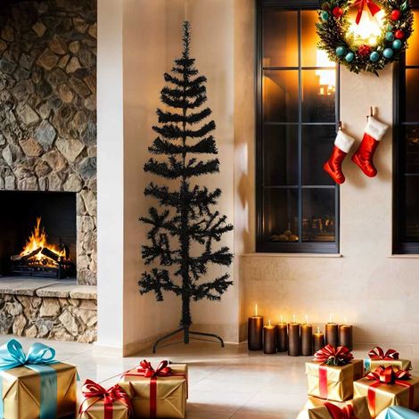 Demi Sapin de Noël Arbre de Noël artificiel mince avec support Noir 180 cm (1/5)