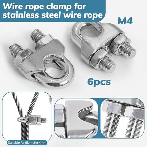 Serre Cable Acier Inoxydable 304,Serre Cable Inox 4mm Support en U,Serre-Câbles M4 Duplex Clips,Serre Câbles Inox 4 mm Corde à Linge Auvent Fixe (1/4)
