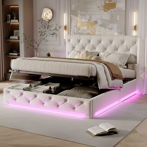 Lit coffre 160x200 cm avec sommier, lits double capitonné avec rangement et lumière LED, cadre de lit avec tête de lit réglable en hauteur et sommier à lattes, velours, beige (1/5)