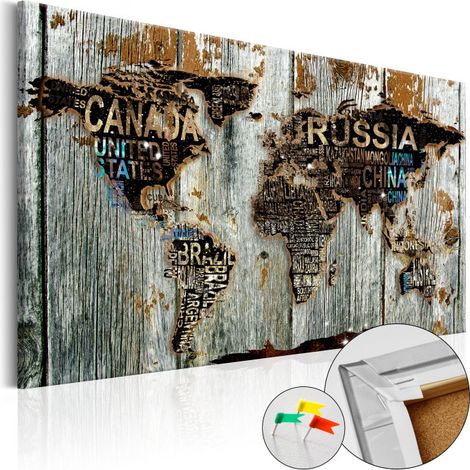 Tableau en Liège "Carte du Monde - Wooden Border" 60 x 90 cm (1/2)
