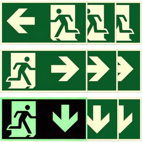 Lot de 9 Panneaux de Sortie de Secours Phosphorescents Auto-Adhésifs 300 × 150 Mm, Autocollants Signalisation Chemin d’Évacuation avec Flèches Gauche, droite et bas (1/5)
