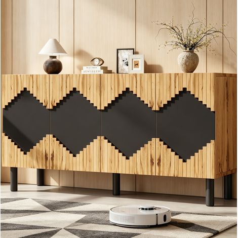 Aparador de 140x40x70 cm con compartimento de almacenamiento con apertura a presión, estampado de rombos en relieve, MDF y aglomerado, negro y madera. (1/5)