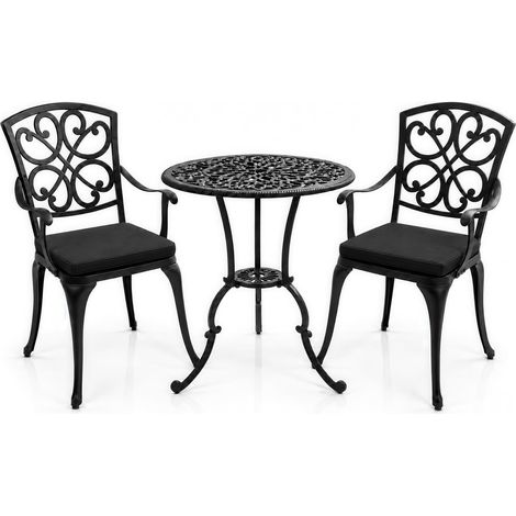 Centurion VIVALDI Black 3-Piece Cast Aluminium Garden Bistro Set - Rust-Proof Round Table with Parasol Hole & 2 Generously Sized Armchairs - with Black Cushions (1/5)