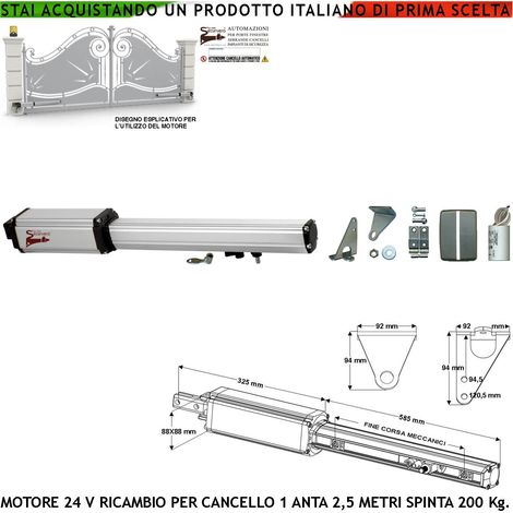 Cancello Automatico Anta 2,5 Metri Motoriduttore Elettromeccanico 24 Vcc Corsa 400 mm Sblocco a Chiave Ricambio Originale Securvera Finecorsa Meccanici Kit Staffe Bulloni Misure 810X88X88 mm Compatibi (1/5)