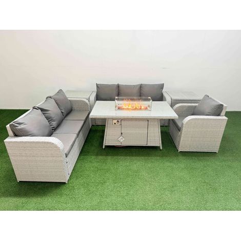 Fimous 7 Seater Poly Rattan Outdoor Garden Furniture Firepit Dining Table Sofa Set Patio 3 Seater Sofa Reclining Chair 3 Seater Sofa 2 Side Table Light Grey (1/4)