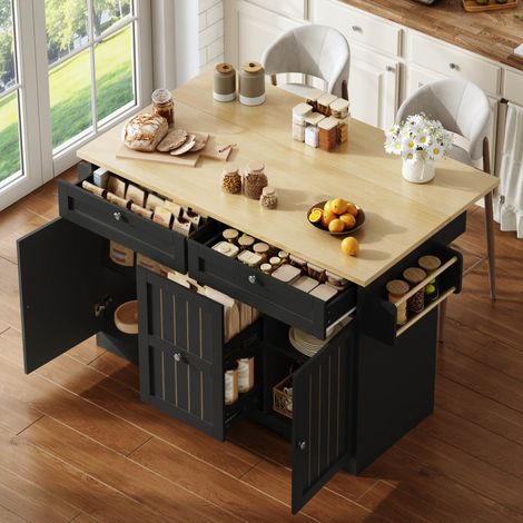 Kücheninsel mit Klappplatte und Schubladen MDF Schwarz OKMYHOME (1/5)