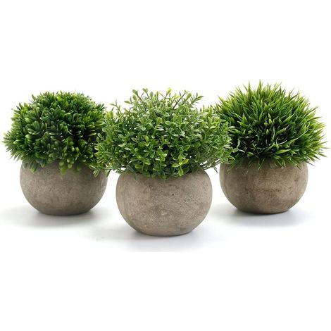 Plante Artificielle Interieur 3 pcs, Fausse Plantes en Plastique avec Pot Gris Atificielles Herbe Decoration pour Mariage Exterieur Bureau Table Jardin Nouveau Cadeau de Maison, 9.5 x 13cm (1/5)